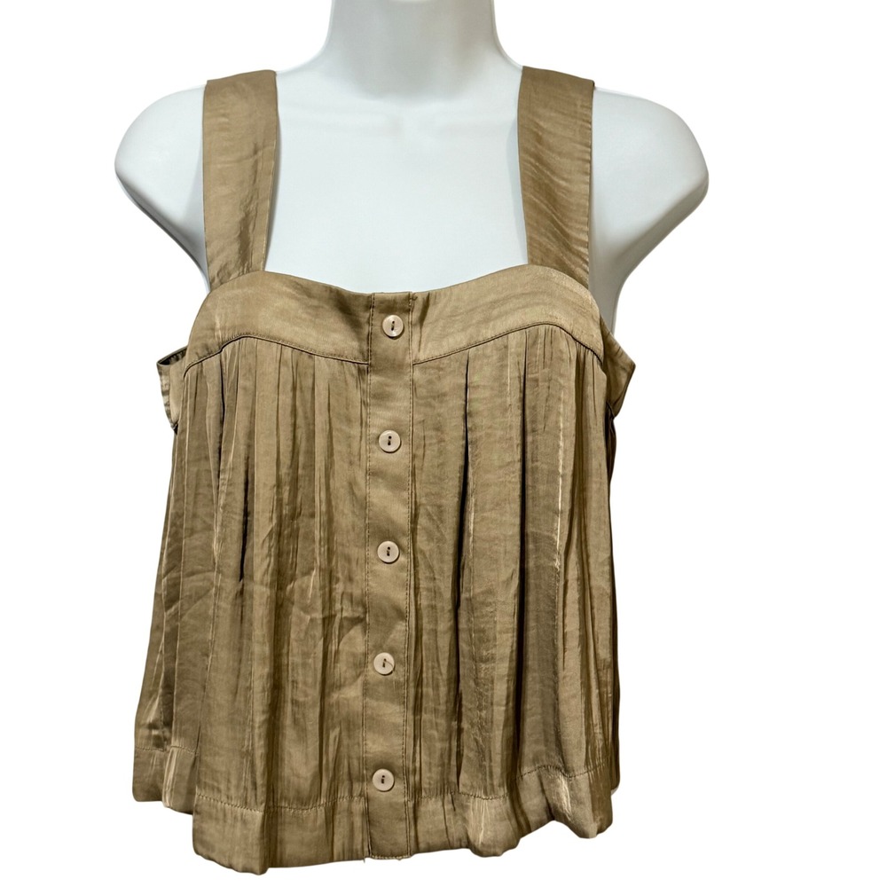 Christian Lacroix Bronze Gold Pleated Satin Button Front Camisole Tank Top Small